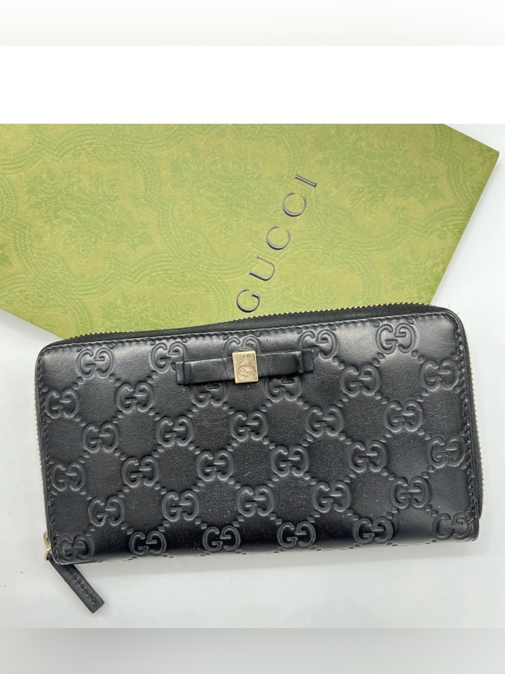 GUCCI Bow Zip Around Guccissima Leather Long Wallet Black Zippy Authentic